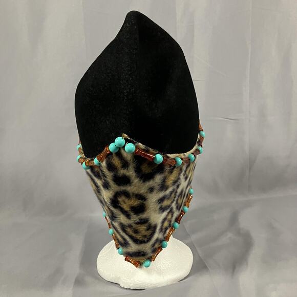 Egyptian Scarab Hat Headdress Fitted Womens Leopard Print Beaded Turquoise Black - Picture 5 of 16